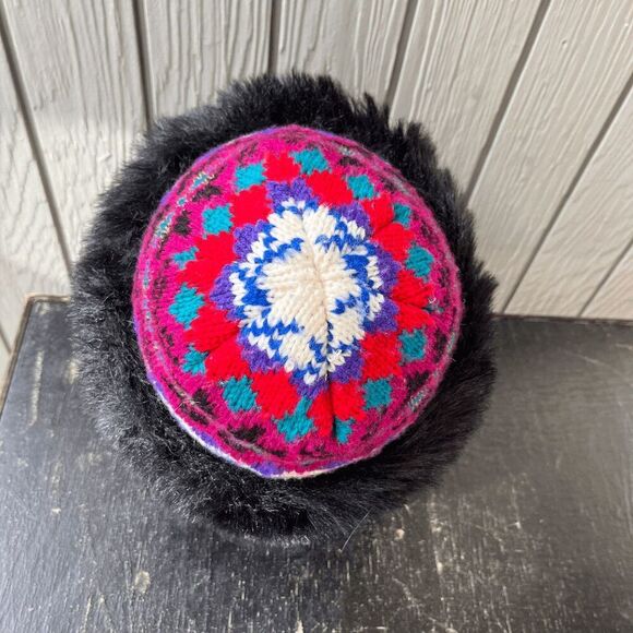 VTG 70s Fair-Isle Knit Faux-Fur Pillbox Hat Colorful Retro Apres Ski - Picture 4 of 9
